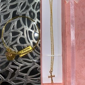 Gold bracelet paired with Gold necklace with cross
